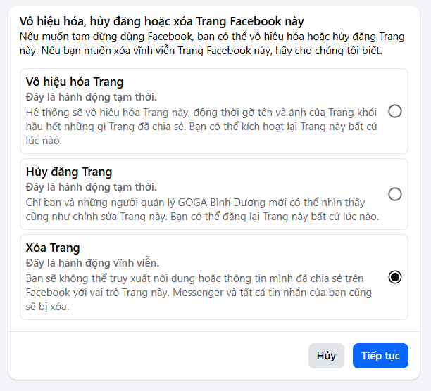 chọn xóa trang