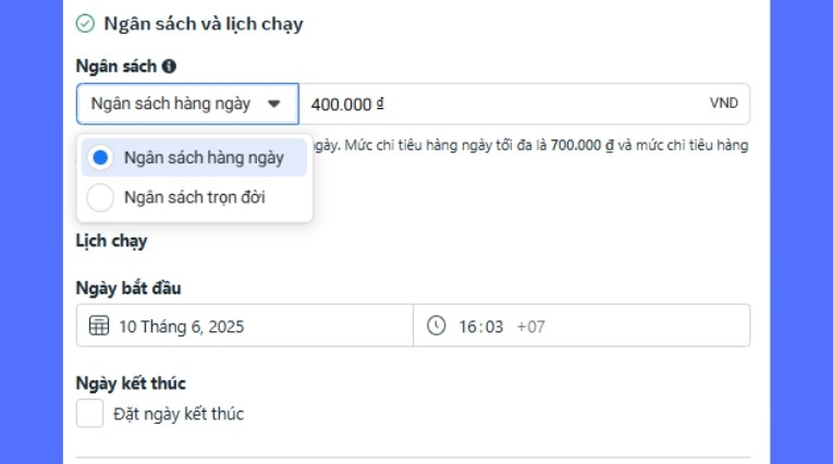Chọn ng&acirc;n s&aacute;ch h&agrave;ng ng&agrave;y hoặc trọn đời > điền số tiền > th&ecirc;m thời gian chạy