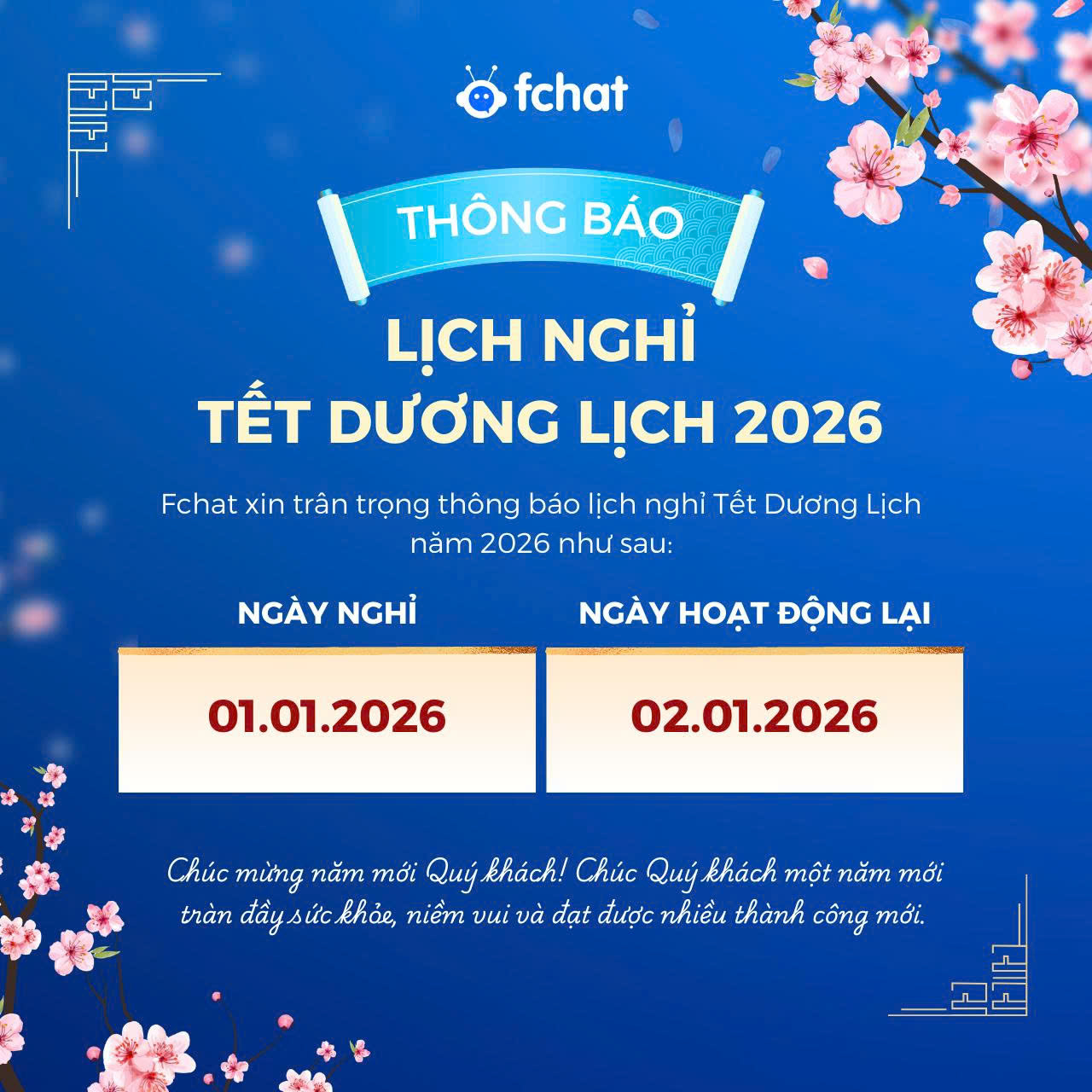  THÔNG BÁO NGHỈ TẾT DƯƠNG LỊCH 2026 