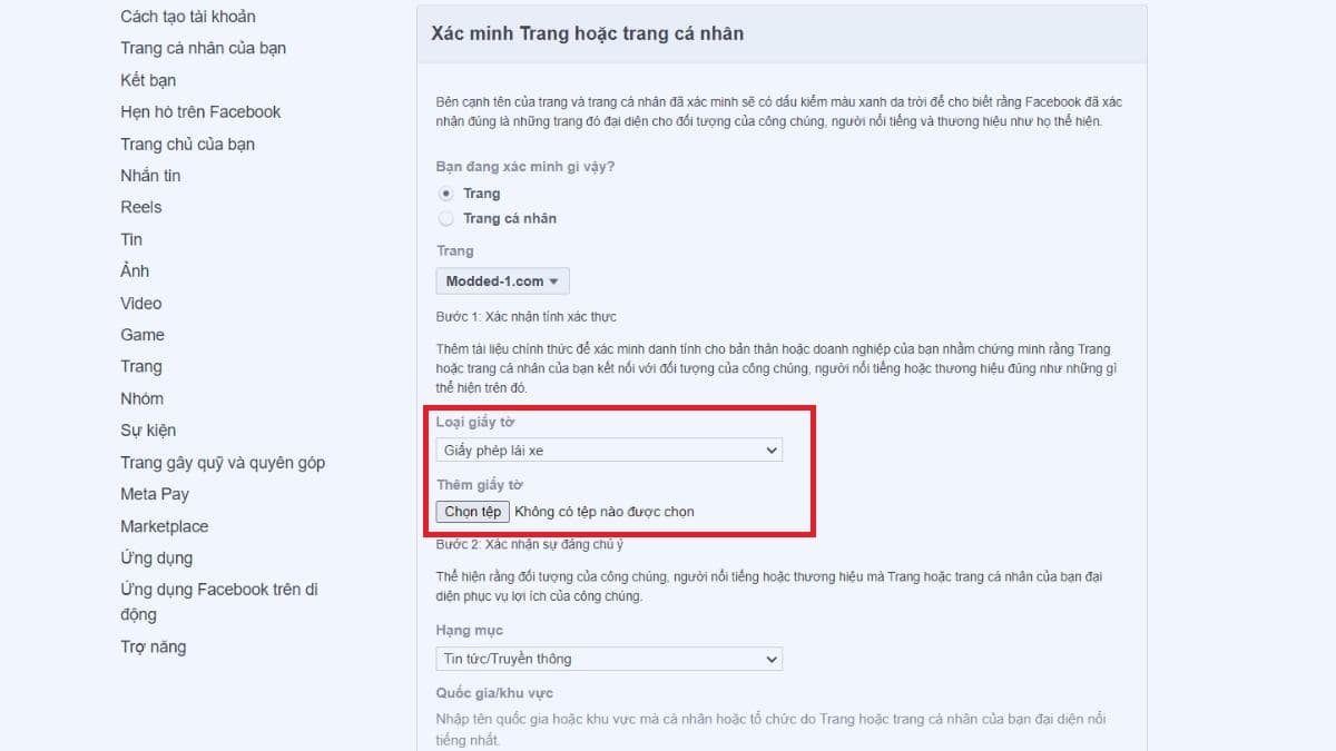 Hướng d&acirc;̃n c&aacute;ch đăng k&yacute; tạo dấu t&iacute;ch xanh Facebook cho Fanpage bước 2