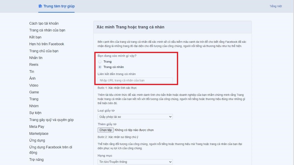 Hướng d&acirc;̃n c&aacute;ch đăng k&yacute; c&oacute; t&iacute;ch xanh Facebook - bước 1