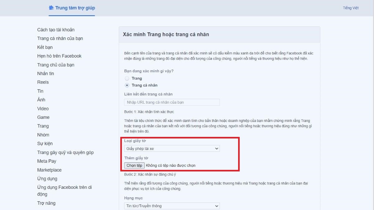 Hướng d&acirc;̃n c&aacute;ch đăng k&yacute; c&oacute; t&iacute;ch xanh Facebook - bước 2